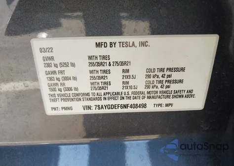 2022 Tesla Model Y Performance Dual Motor All-Wheel Drive из США, поврежденный, VIN 7SAYGDEF6NF408498